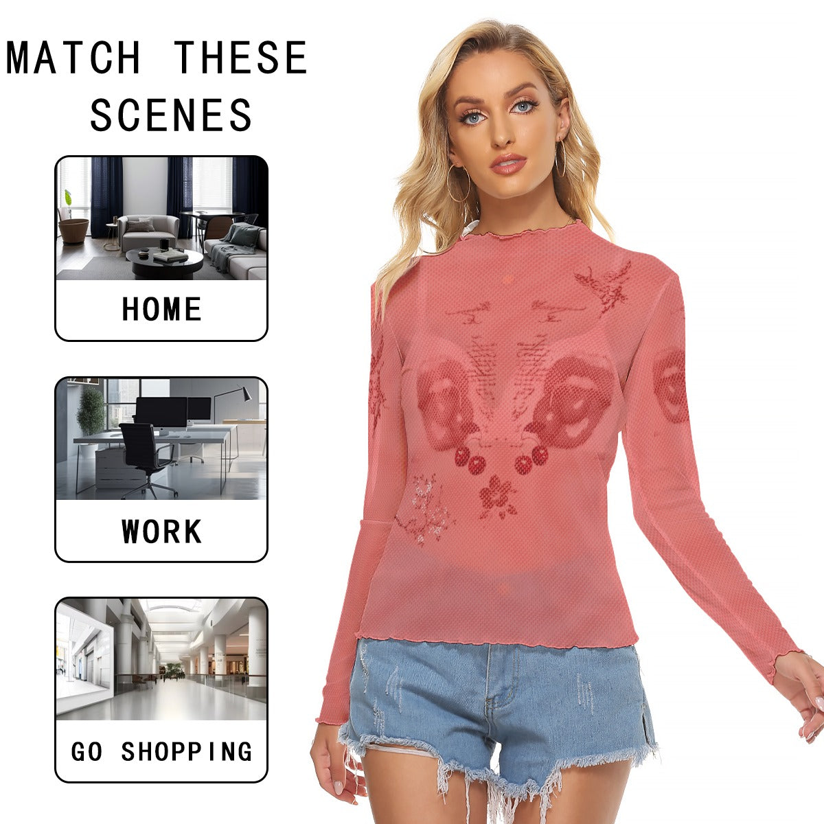 Women's Mesh T-shirt with Cherry Lips Print - Sexy Long Sleeve Mesh Top in Cherry Red