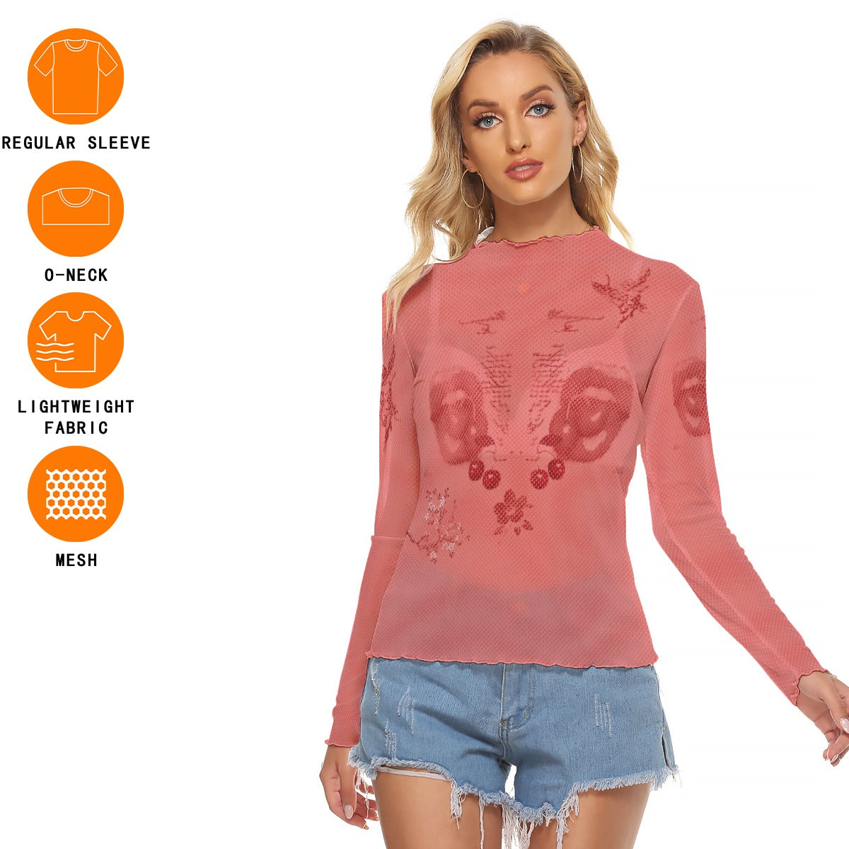 Women's Mesh T-shirt with Cherry Lips Print - Sexy Long Sleeve Mesh Top in Cherry Red