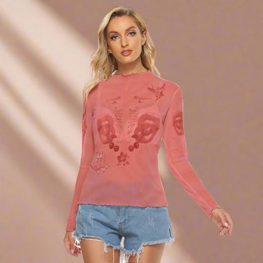 Women's Mesh T-shirt with Cherry Lips Print - Sexy Long Sleeve Mesh Top in Cherry Red