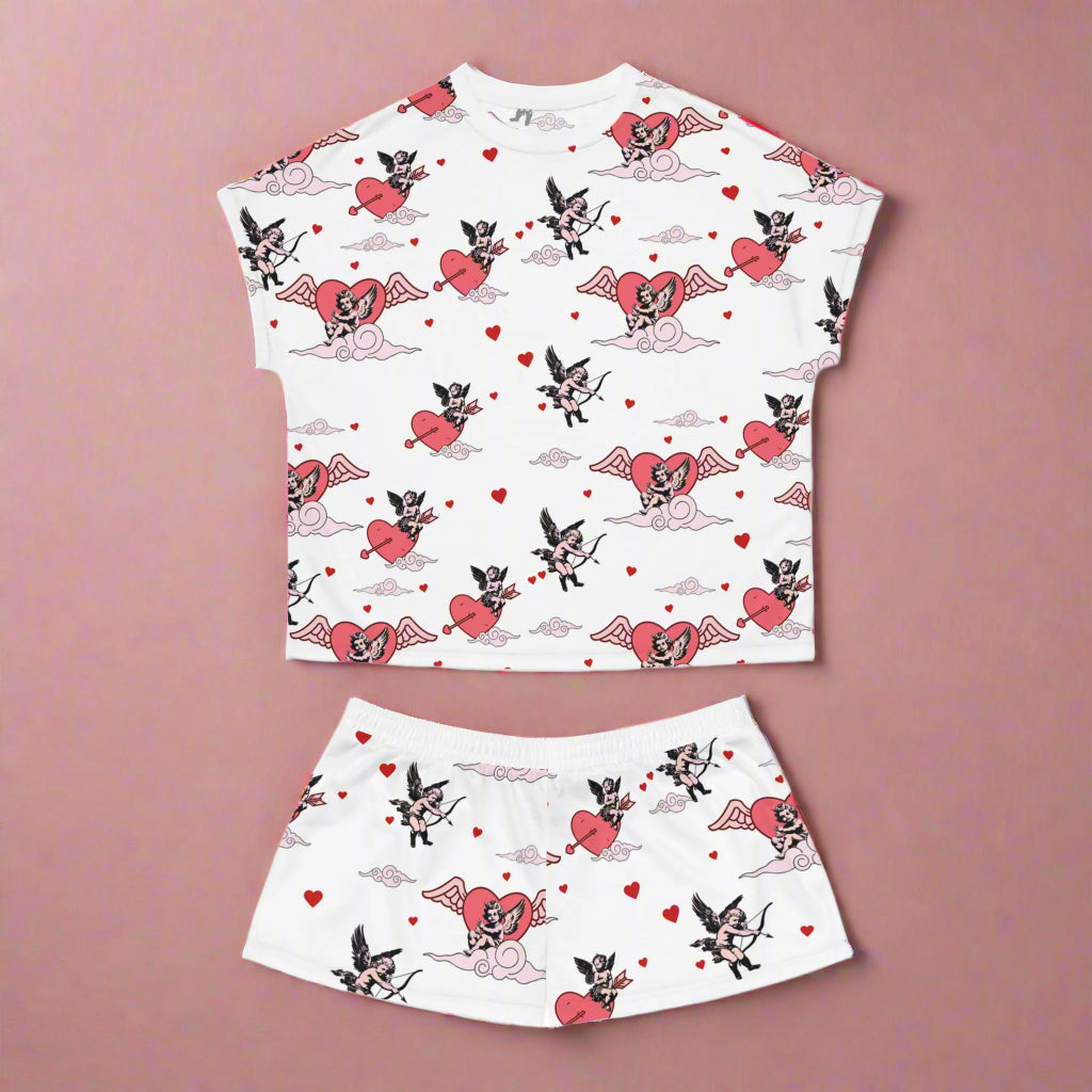 Women's Pajama Set - Valentine Angels and Hearts Print